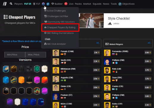 Futbin SPC Dropdown FIFA Cheapest Players by Rating